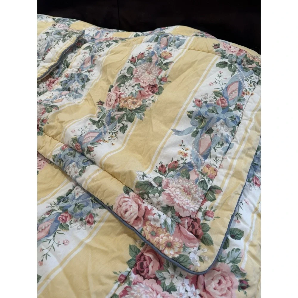Croscill PRINCESS FLORAL Yellow Striped Pearl Comforter Queen King Sham Set FLAW